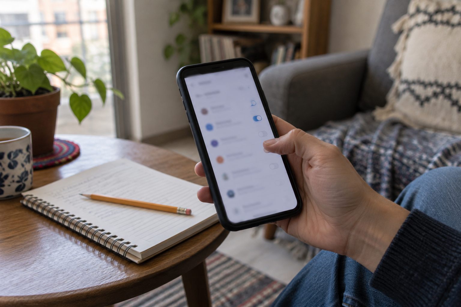 Persona revisa en su teléfono una lista de suscripciones, escena ilustrativa